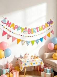 3pcs/1set Birthday Bunting, Triangle Flags, Cake, Pom Poms First Birthday Atmosphere Scene Decoration, Suitable For Birthday Party Bunting Banner, Theme Party - Raise the Flag - View 6