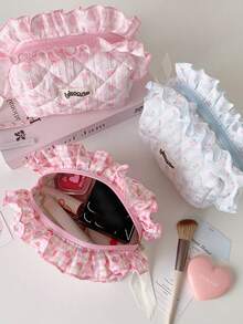 1 pieza Bolsa de maquillaje con estampado floral y decoración de encaje, organizador de cosméticos de gran capacidad, bolsa de aseo portátil para viajes, bolsa de almacenamiento de productos para el cuidado de la piel, esencial de viaje. - Multicolor - Ver 2