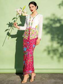 1pc Floral Print Elegant Nyonya Kebaya Skirt For Women, Spring/Summer, Magenta Skirt (Top Not Included) - Hot Pink - View 5