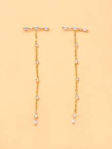 outingfit 1 Pair Minimalist Tassel Rhinestone Water Drop Pendant Earrings, Niche High-End Fashion Micro-Inlaid Rhinestone Ear Jewelry, Suitable For Women's Daily Versatile Accessory - Gold - View 10
