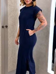 Vestido Longo Fenda Bolso Manga Elegante Feminino Malha Diário Casual - Azul Marinho - Visão 4