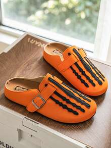 Halloween Skeleton Claw Pattern Men's Sandals, Closed Toe Mule Shoes With Adjustable Buckle, Suede Backless Design, Slip-On Casual Flat Half-Slippers - Orange - View 3