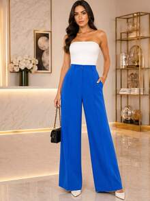 Women's Wide Leg Pants With Zipper And Button In Duna Fabric - Royal Blue - View 1