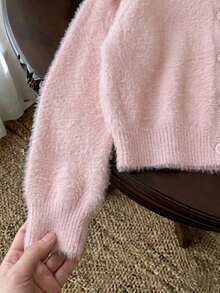 Girls Elegant Solid Color Cardigan Sweater Short Jacket Suitable For Casual Vacation Spring Autumn Winter - Pink - View 6
