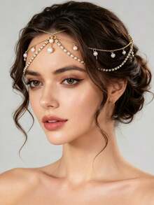 1pc Bohemian Style Rhinestone & Faux Pearl Hair Chain, Handmade Metal Chain Headpiece, Fairy Style Daily Wear Hair Accessory, Suitable For Dating, Bridal And Holiday Party - Silver - View 4