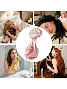 2-In-1 Woven Hair Net & Bonnet Set, Includes Detangling Brush, Satin Lined Curly Hair Sleep Cap, Anti-Frizz Overnight Hair Care Set - Pink - View 7