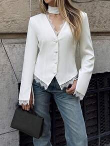 Women's White Dress Blazer - Lace Trim V-Neck Long Sleeve Cropped Waist-Cinched Button Front For Office Formal Casual - White - View 6