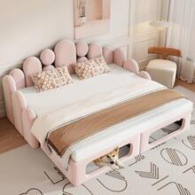 Divano letto imbottito con cuccia per animali domestici, letto imbottito multifunzionale 2-in-1 180*200 cm, letto imbottito con tessuto in morbido velluto, base a doghe e schienale, rosa. - Rosa + Velluto + 180cm*200cm - Visualizzare 4