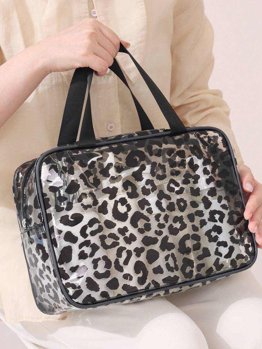 1/3pcs Transparent Zipper Travel Toiletry Bag, Black Leopard Print Portable Large Capacity Makeup Organizer, Multi-Functional Waterproof PVC Cosmetic Bag Set, Beach Bag, Vacation Essential, Lightweight Storage, Durable And Fashionable, Suitable For Home Use - Black Leopard Print - View 1
