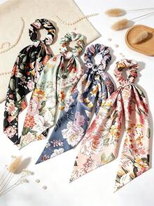 4pcs/Set Ikat Rambut Motif Bunga Kecil Vintage Prancis dengan Pita, Gaya Kasual Istana Bohemian Jalanan Elegan - MultiWarna - View 1