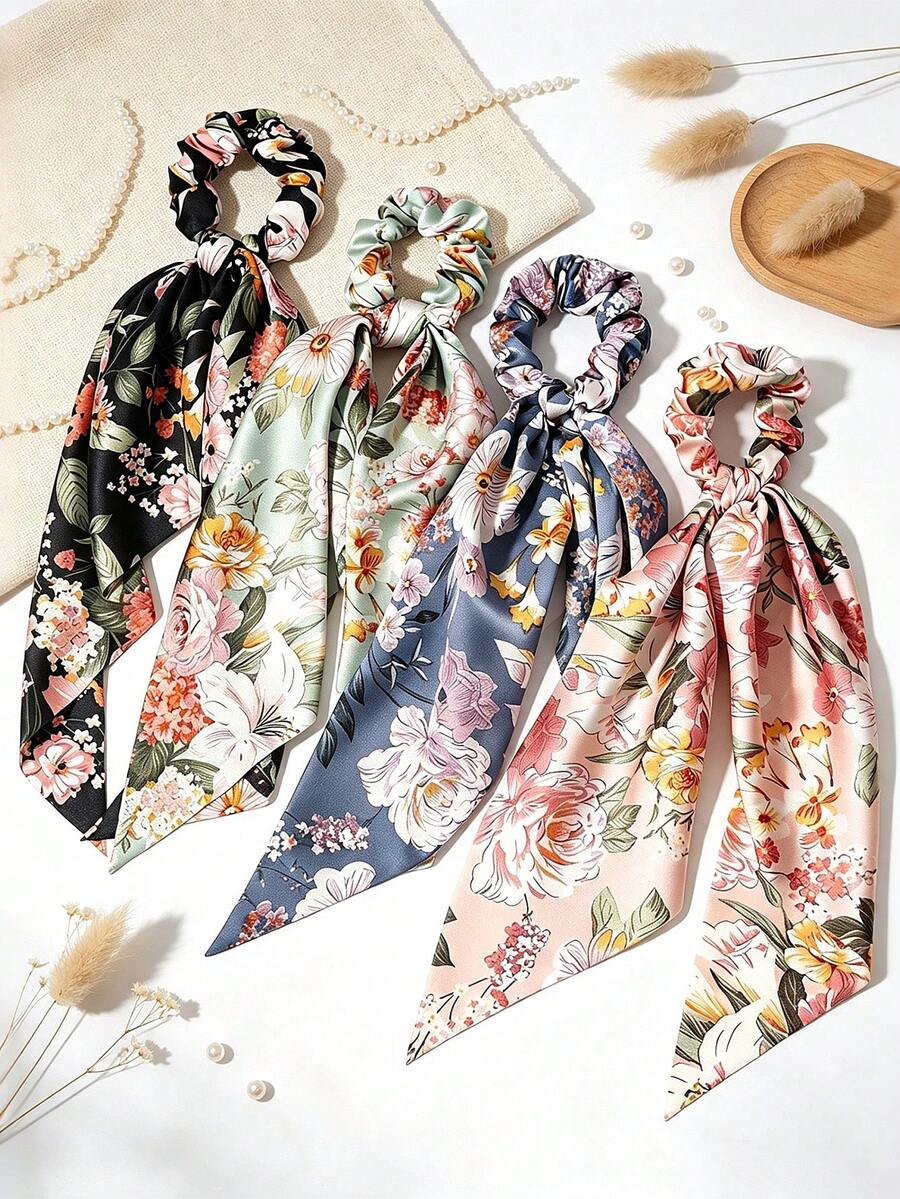 4pcs/Set Ikat Rambut Motif Bunga Kecil Vintage Prancis dengan Pita, Gaya Kasual Istana Bohemian Jalanan Elegan - MultiWarna - View 1