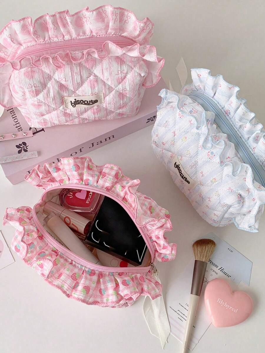 1 pieza Bolsa de maquillaje con estampado floral y decoración de encaje, organizador de cosméticos de gran capacidad, bolsa de aseo portátil para viajes, bolsa de almacenamiento de productos para el cuidado de la piel, esencial de viaje. - Multicolor - Ver 1