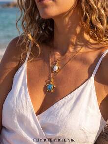 Exquisito collar de tortuga marina de acero inoxidable con brillo azul, collar plateado impermeable estilo Y2K, para mujer, hermosa joyería de vida marina, accesorio para vacaciones en la playa, regalo para mamá/mejor amiga - Plata - Ver 2