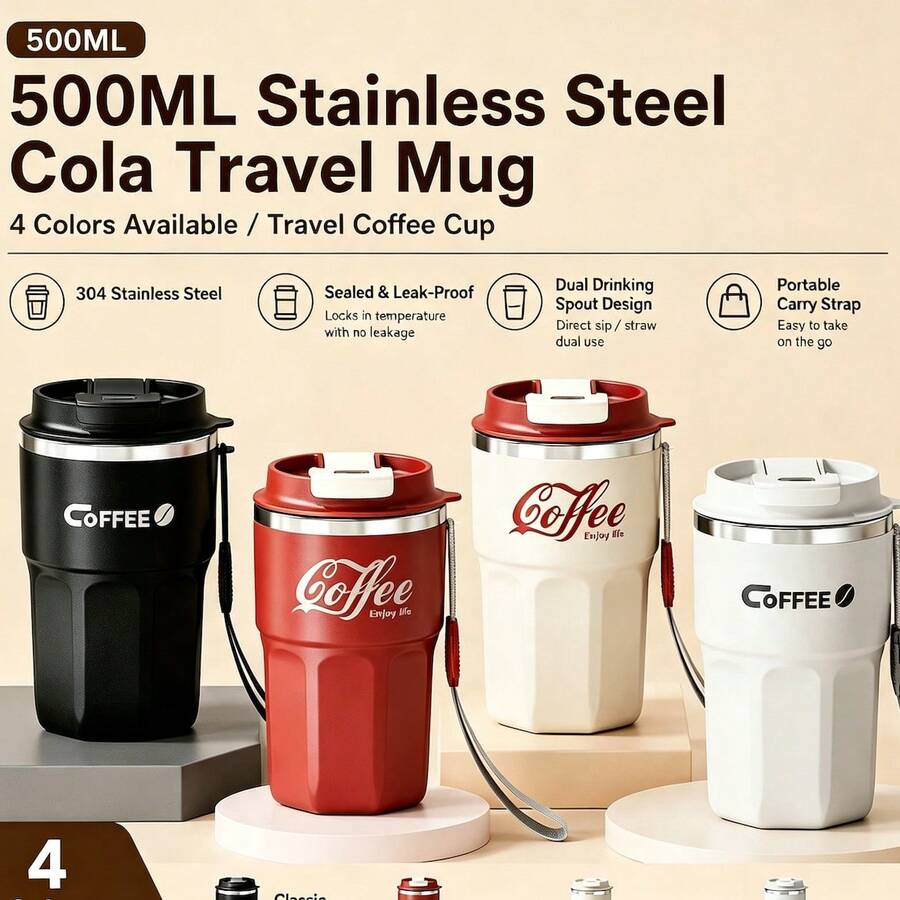 16oz 304 Stainless Steel Insulated Tumbler, Portable Outdoor Coffee Cup, Suitable For Coffee, Tea, Juice, Milk - White - View 1