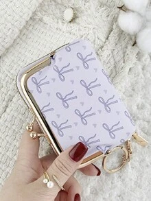 With A Chain Keychain, Fashionable Bow Print Zipper Credit Card Storage Bag With Multiple Compartments, Suitable For Travel - Purple - View 7