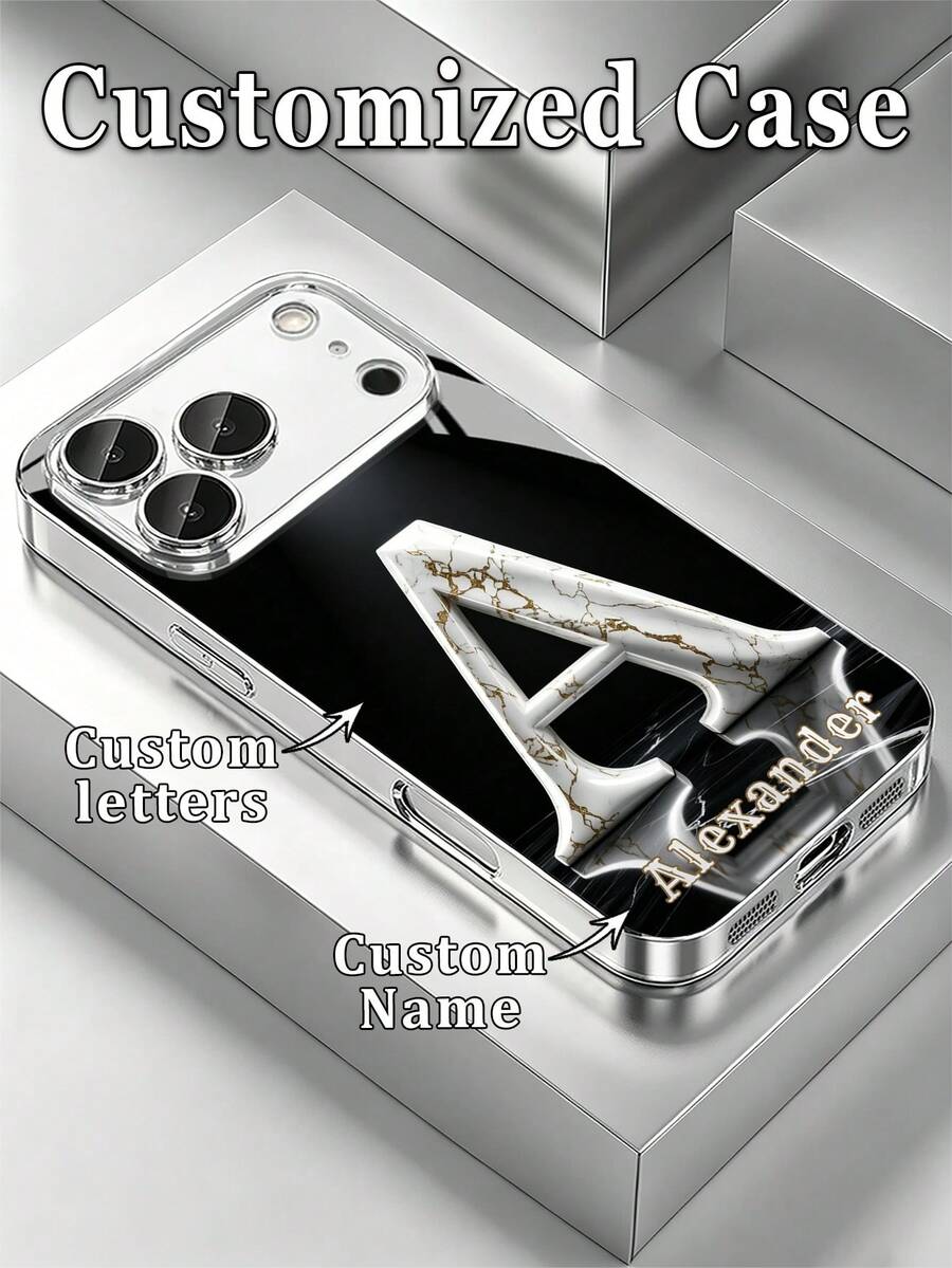 1件 DIY 大理石紋首字母與姓名客製化高畫質電鍍銀玻璃手機殼,適用於 Apple 17ProMax/16 Pro Max/15/14 Plus/13 Pro/12 Pro Max/11/XsMax/8/7/6Plus,時尚、多彩、可愛、有趣、極簡配對手機殼配件 - 銀色 - 查看 1