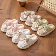Pantuflas de interior para mujer con lazo de peluche, suela suave, cálidas y esponjosas, antideslizantes, casuales para dormitorio y hogar, otoño e invierno - Caqui - Ver 6