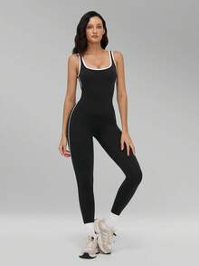 MFVIM Women's Sports Colorblock Tank Top Hollow Back Design Jumpsuit Showcasing Beautiful Shoulder Blades - Black - View 7