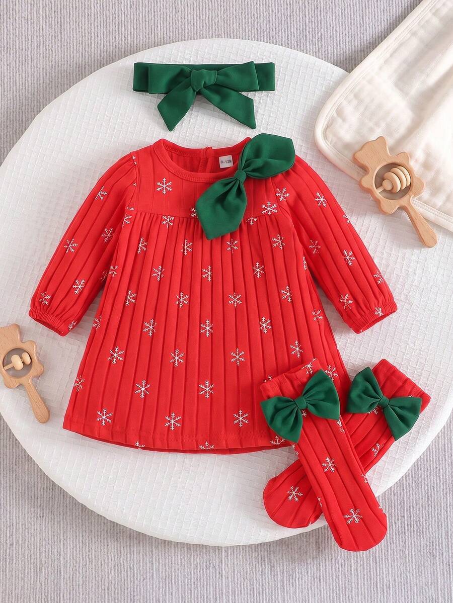 Baby Girl Bow Ribbed Snowflake Print Dress With Socks And Headband Multi-Piece Set Newborn Gift - Red - View 1