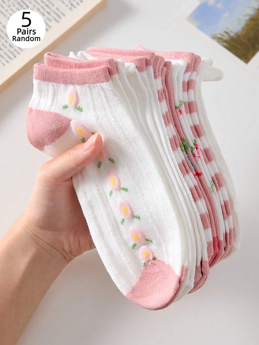 5雙女款粉色短襪,花卉菱格紋可愛水手襪,適合四季居家穿著 - 彩色 - 查看 1