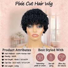 Women's Afro Kinky Curly Human Hair Wig With Bangs, Remy Brazilian Hair, Short Water Wave Pixie Cut, Elastic Mesh Cap, Full Machine Woven, Suitable For Festivals, Parties, Music Festivals - Natural Black - View 3