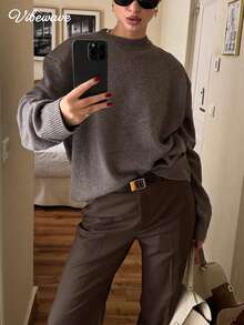 VIBEWAVE Gray Half-High Neck Dropped Shoulder Loose Lazy Pullover Knit Sweater Women Autumn/Winter European And American Minimalist Style Office Commute Versatile Soft Long Sleeve Top - Grey - View 3