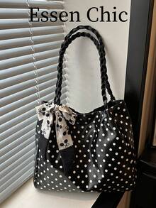1pc Black Silk Scarf Decor Large Capacity Polka Dot PU Tote Bag Women's Shoulder Bag - Black - View 8