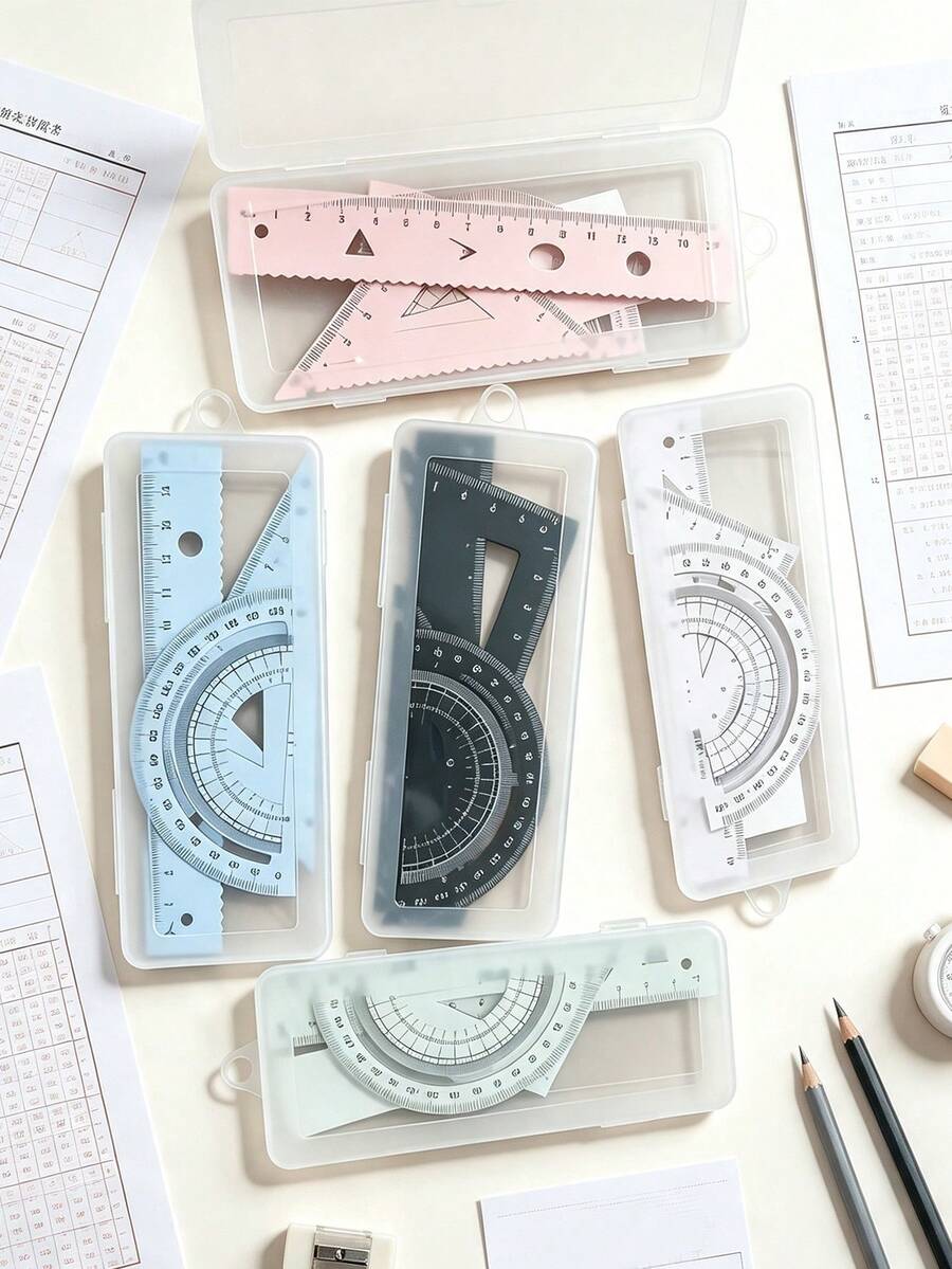Multifunctional Geometric Ruler Set, Protractor, Triangle Ruler, Straight Ruler, Manual Measurement And Drawing Tools With Storage Box, 4 Colors Available: Pink, Mint Green, Light Blue, Taro Purple, For School, Woodworking, DIY, Teacher Gifts, Back To School Season - Multicolor - View 1