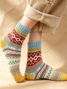 1/5 Pairs Contrast Color Mid-Calf Socks, Thick Christmas Socks, Warm, Antibacterial, Moisture-Wicking, Comfortable, With Colorful Patterns And Stripes - Multicolor - View 5