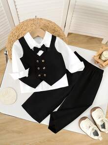 3pcs/Set Baby Boy Spring/Autumn British Gentleman Style Long Sleeve Shirt, Bowknot Decor Vest, Long Pants Formal Outfit, Suitable For Birthday Party Wear - Black - View 2
