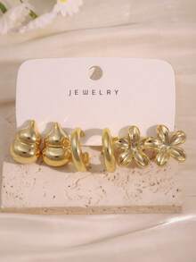 6-18PCS Gold Flower Gourd Water Drop Earrings Set, Vintage Geometric Gold-Plated Earring Combination Set - Gold - View 3
