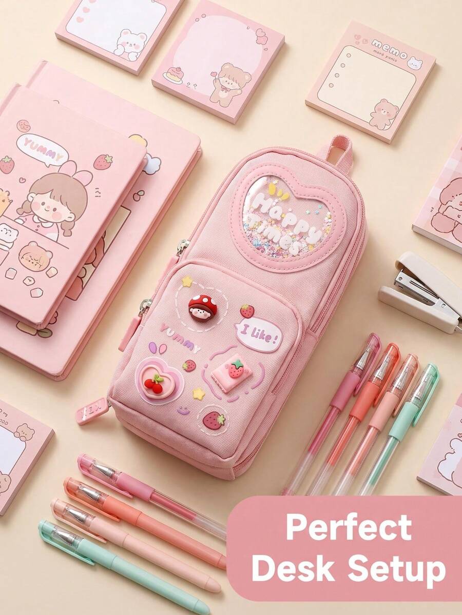 1pc Creative Expandable Glitter Pencil Case, Student Stationery Storage Bag, Cute Solid Color Pencil Box, Children's Gift, First Day Of School