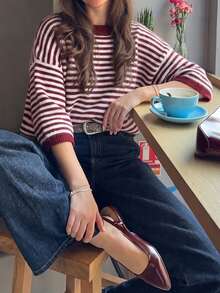 2026 New Autumn/Winter Women's Contrast Striped Loose Oversized 3/4 Sleeve Knit Sweater, Dropped Shoulder Round Neck Soft Fuzzy Striped Pullover Fall - Maroon - View 11