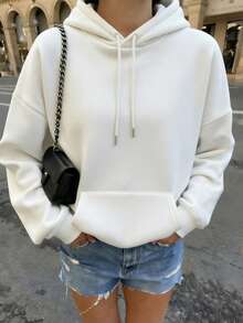 Women's Autumn/Winter New Solid Color Hooded Sweatshirt, Drawstring Design, With Pockets, Casual Versatile Loose Fit Top, Fashionable Daily Wear - White - View 2