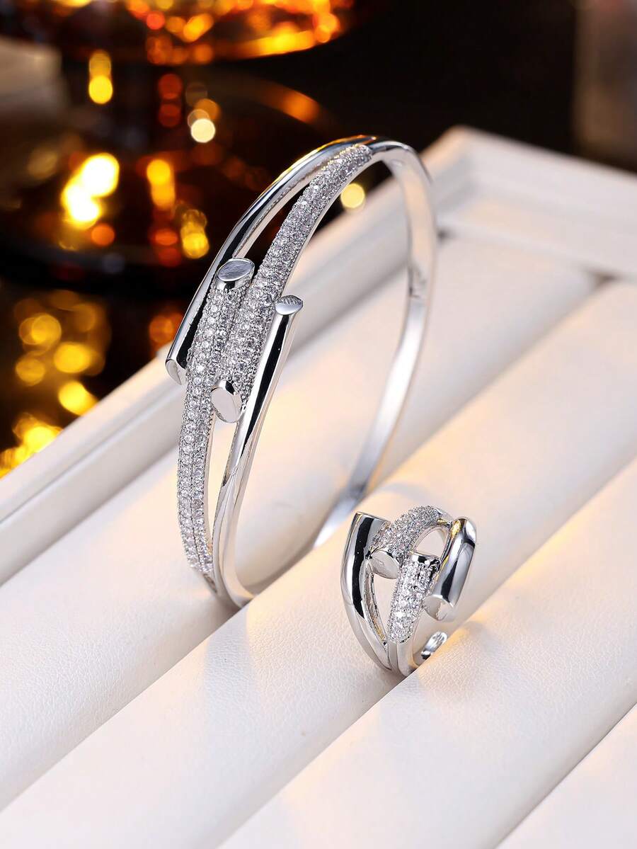 1pc Cold White Silver Cross Double Bar Full Rhinestone Open Bangle Ring, Luxury Contrast Color Polished Zirconia Bracelet, Niche Design Women's Jewelry Set - Bracelet Ring Set - View 1