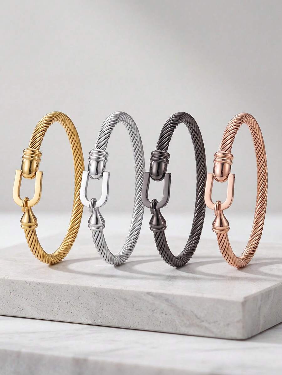 1PC Unisex Stainless Steel Horseshoe Buckle Cable Bracelet,18K Plated Waterproof No Fading Bangle,Couple Jewelry Gift For Men Women Husband Boyfriend