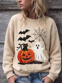 Fall Halloween Pumpkin Ghost Black Cat Graphic Sweatshirt, Crew Neck Loose Long Sleeve Casual Spider Web Bat Pattern Pullover Top - Multicolor - View 7