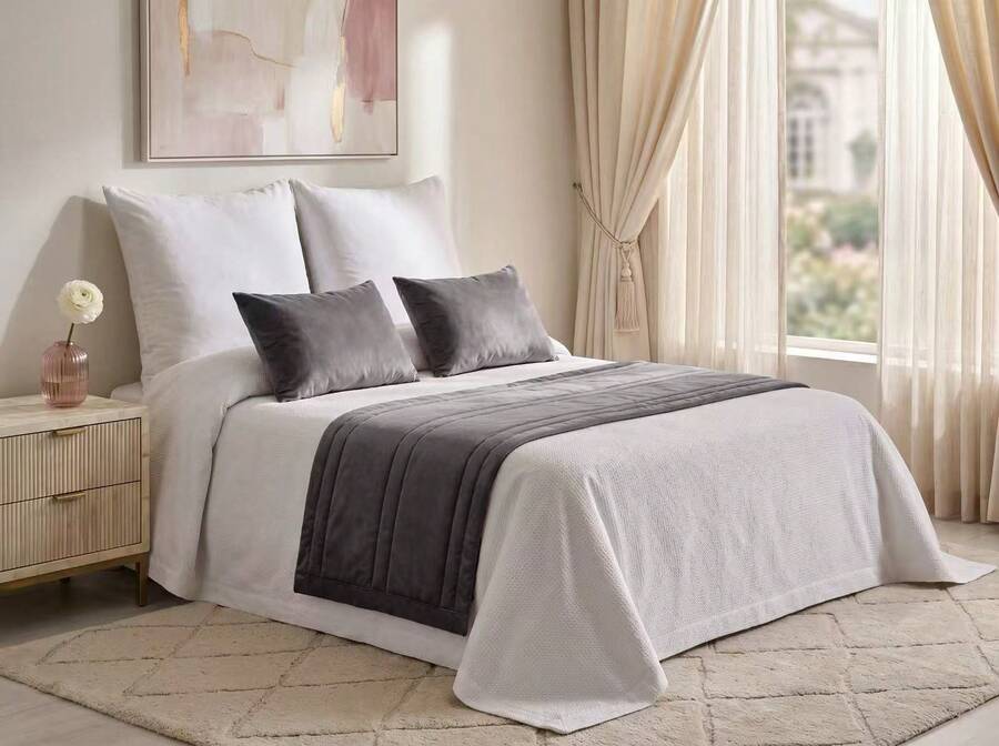 Juego de camino de cama 3 piezas de terciopelo con 2 cojines con relleno incluido, decoración elegante para dormitorio - Gris Oscuro - Ver 1