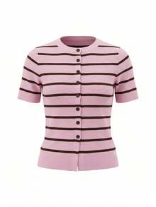 Women's Pink Striped Short Sleeve Cardigan Sweater With Buttons, Preppy Style Spring Knit Top - Pink - View 6