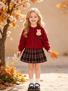 2pcs/Set Baby Girls Sweet Academic Style Elegant Lady Gentle Casual Outdoor Simple Comfortable Solid Color Knit Top With 3D Cartoon Rabbit Bow Decor, Long Sleeve Crew Neck Sweater And Plaid Pleated Mini Skirt, Suitable For Spring, Autumn, Winter - Burgundy - View 6