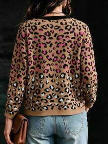 Women's Casual Fall Winter Knit Sweater, Round Neck Long Sleeve Colorful Leopard Print Loose Oversized Pullover For Daily Wear - Leopard - View 2