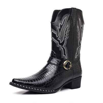 Men's Printed Western Cowboy Mid Leg Boots With Embroidered Metal Buckle And Pointed Low Block High-Heeled Retro Pull Up Riding Boots