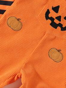 Infant Girl Long Sleeve Flutter Sleeve Striped Bodysuit Ribbed Pumpkin Embroidery Overalls Headband 3pcs Set Cute Halloween Baby Outfit Spring Autumn Holiday Outing Daily Wear - Multicolor - View 7