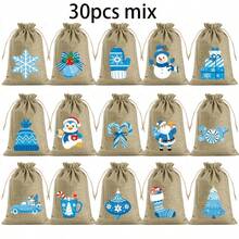 1/10/15/30pcs Linen Drawstring Bags With Blue & White Christmas Patterns - Reusable Suitable For Gift Wrapping, Storage, Fireplace Hanging Decorations, Party Favors, New Year Gifts - Multi- For, Events, Gift Wrap Storage - Multicolor - View 9