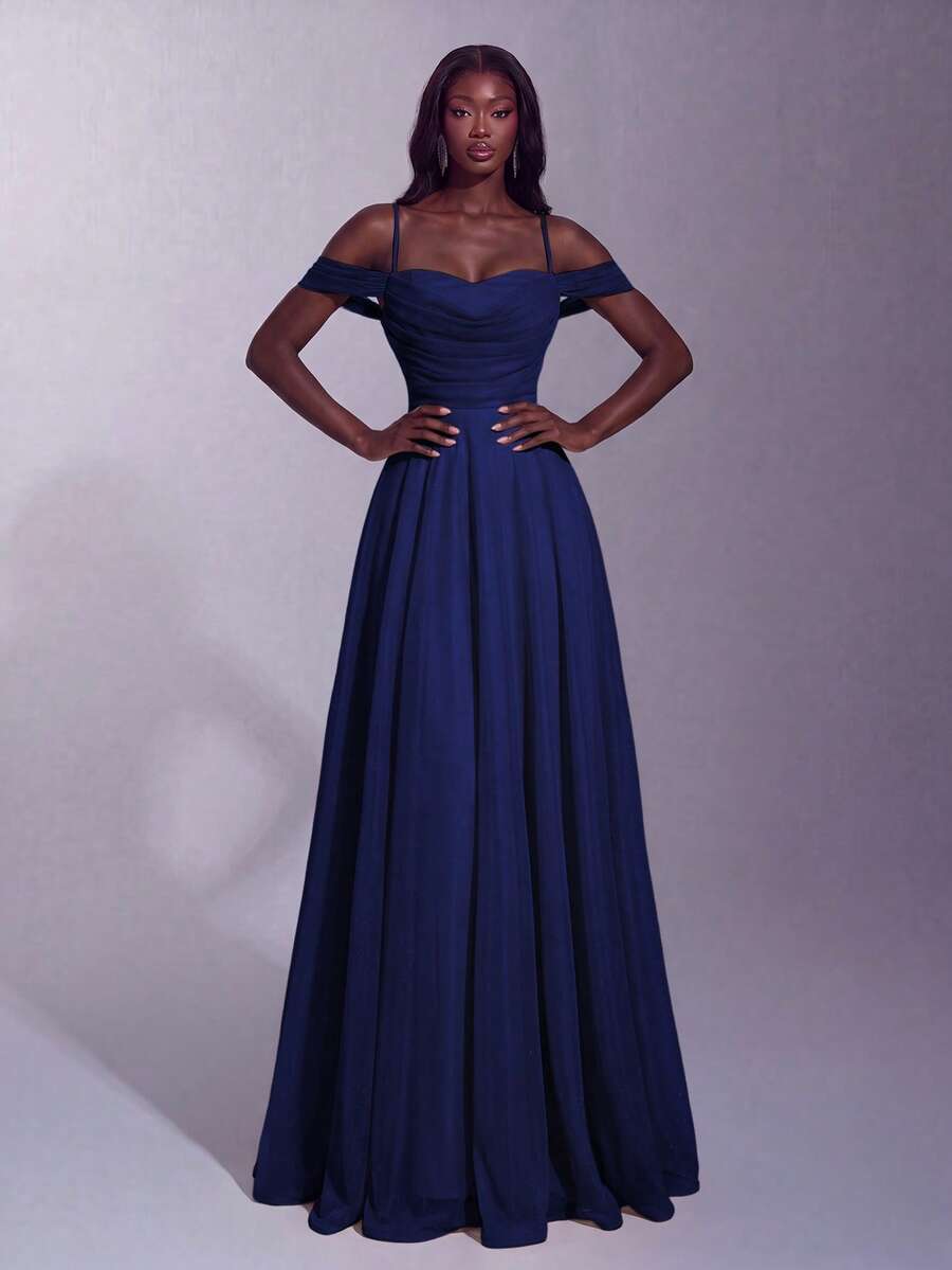 Elegant Women's Navy Blue Long Cocktail Dress, Flared Dress Romantic Formal Ball Gown Wedding Party Fall - Royal Blue - View 1