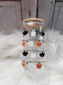 萬聖節燈串圖案竹蓋玻璃杯,可愛南瓜蝙蝠幽靈印花吸管冰飲隨行杯 - 彩色 - 查看 7