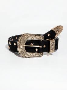 1件裝黑色麂皮復古金星金屬牛頭西式雕花水鑽PU皮革腰帶，適合日常通勤牛仔穿搭女款腰帶 - 黑色 - 查看 9