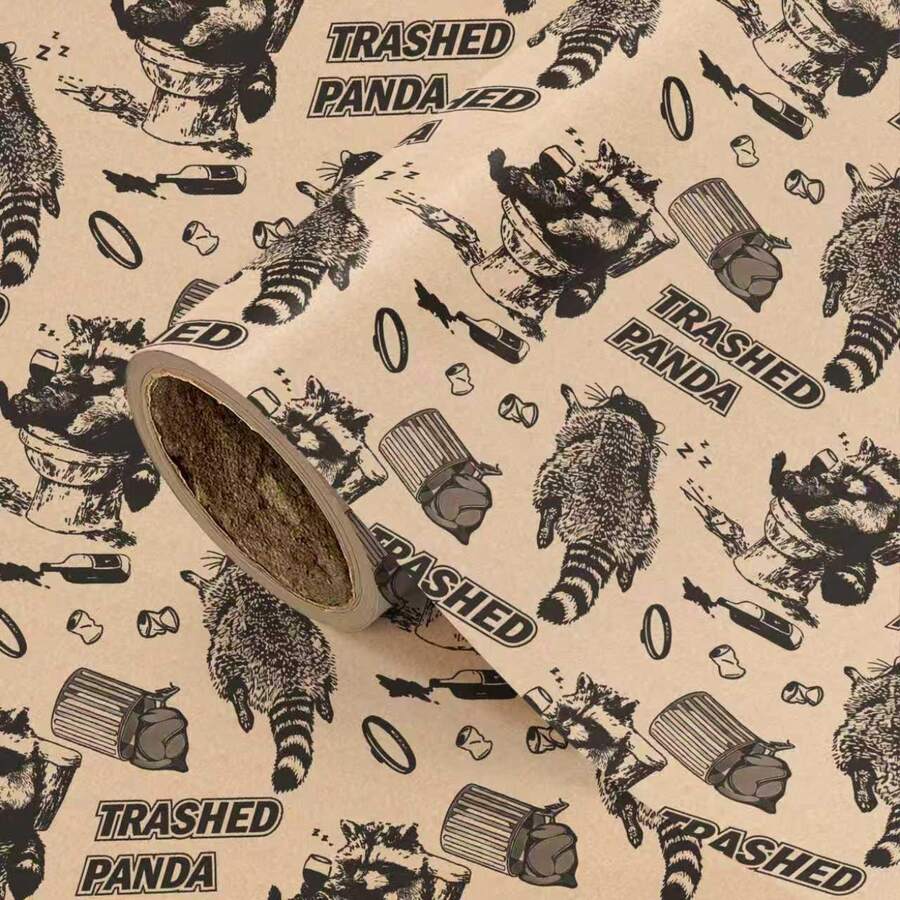 1 Roll - 58*23inch - Funny Raccoon- Drunk Trash Panda Gift Wrap On Natural Kraft Background - 1 Roll - 58*23inch - View 1