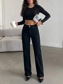 Wide Leg High-Waisted Palazzo Stretch Denim Pants - Black - View 6