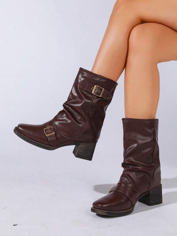 1 Pair Women's Metal Double Buckle Ruched Stacked Boots, Autumn/Winter Square Toe Chunky Heel Vintage Fashion Boots